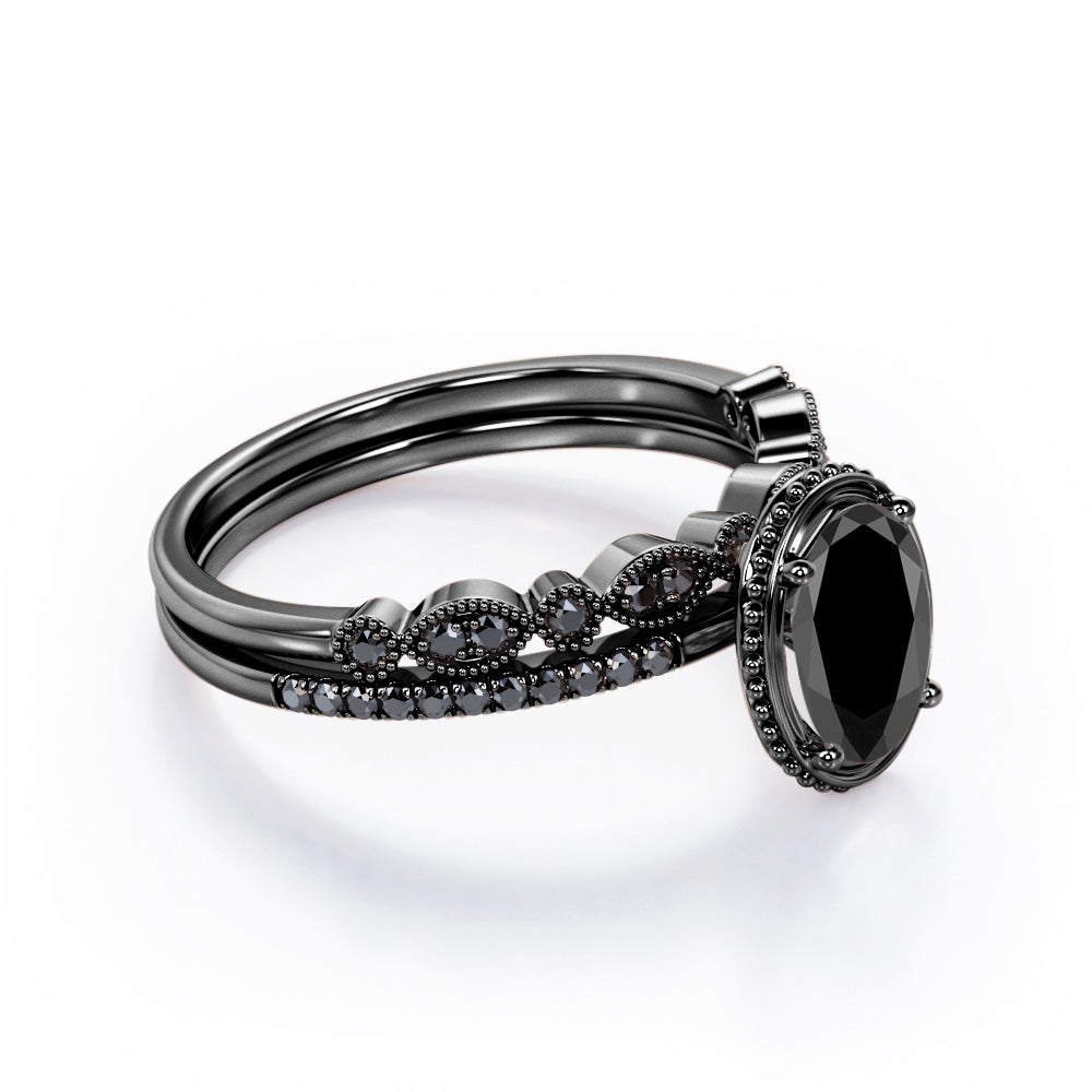 Prong Milgrain Bezel - 1.65 TCW Oval Shaped Lab Created Black Diamond - Pave Filigree Bridal Set in White Gold