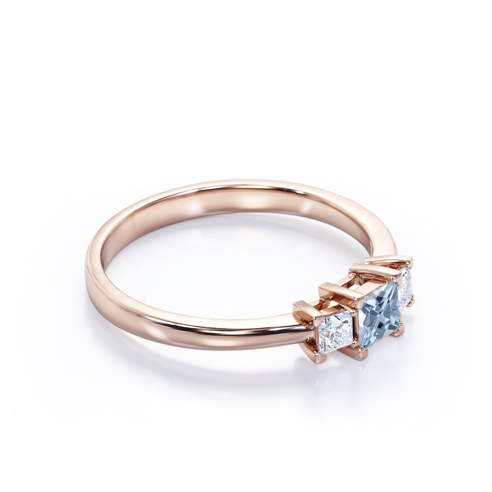 1 Carat Princess Cut Aquamarine And Diamond Three Stone Engagement Ring In White Gold