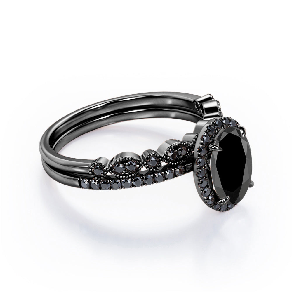 1.65 TCW Oval Cut Lab Created Black Diamond - Milgrain Filigree - Scalloped Pave Bridal Ring Set in White Gold