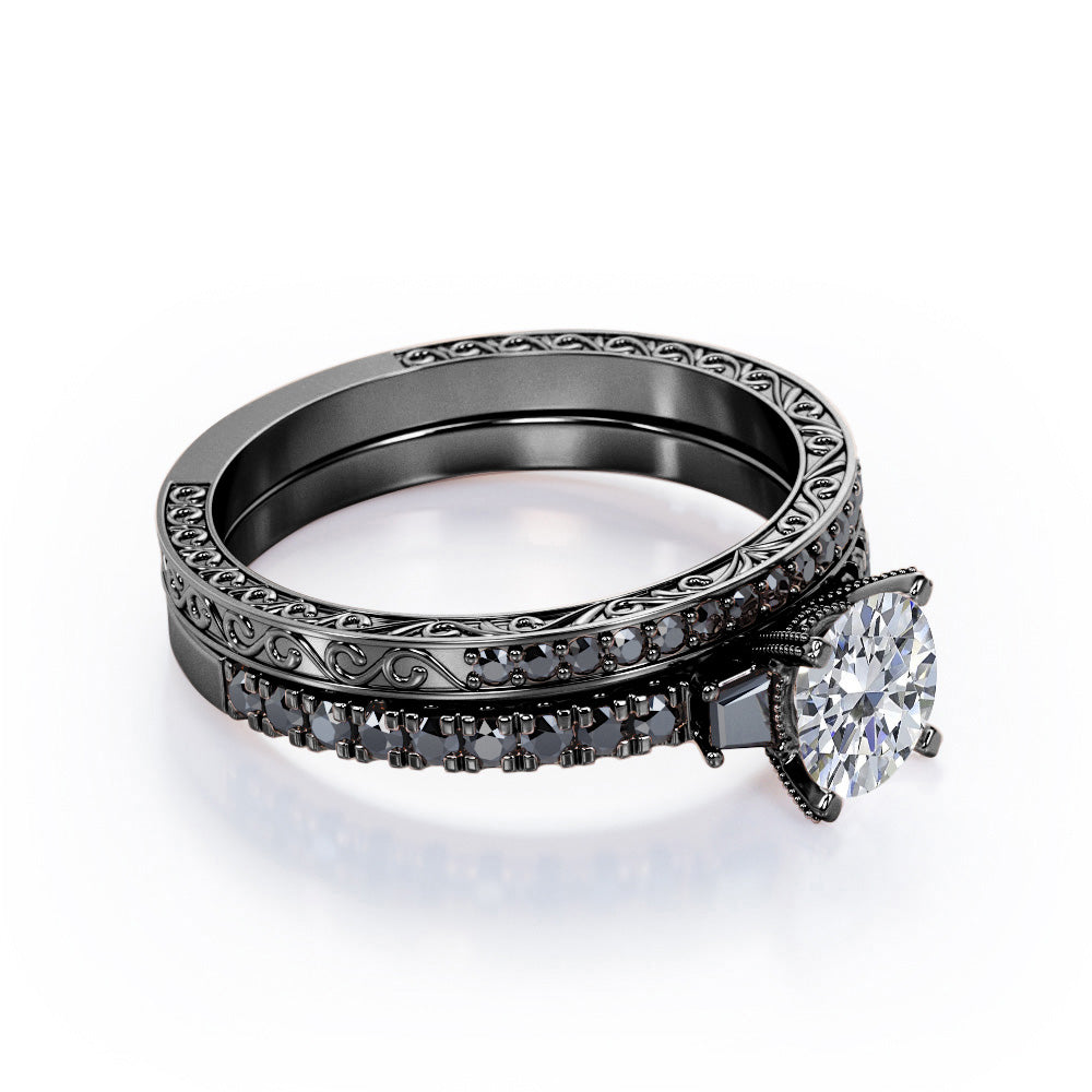 Art Deco Milgrain-Pronged 0.65 TCW Round Brilliant Cut Diamond with Lab Created Black Diamond Pave Bridal Ring Set in 10K White Gold