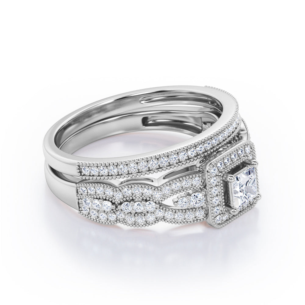 Triple Curved Pave Band - 0.65 TCW Princess Cut Diamond - Milgrain Halo-Channel Bridal Set - 10K White Gold