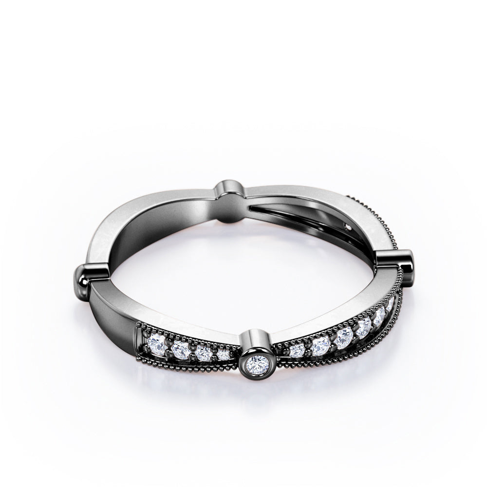 Milgrain Bright-Cut Pave 0.15 TCW Round Brilliant Cut Bezel Stackable Ring in 10K White Gold