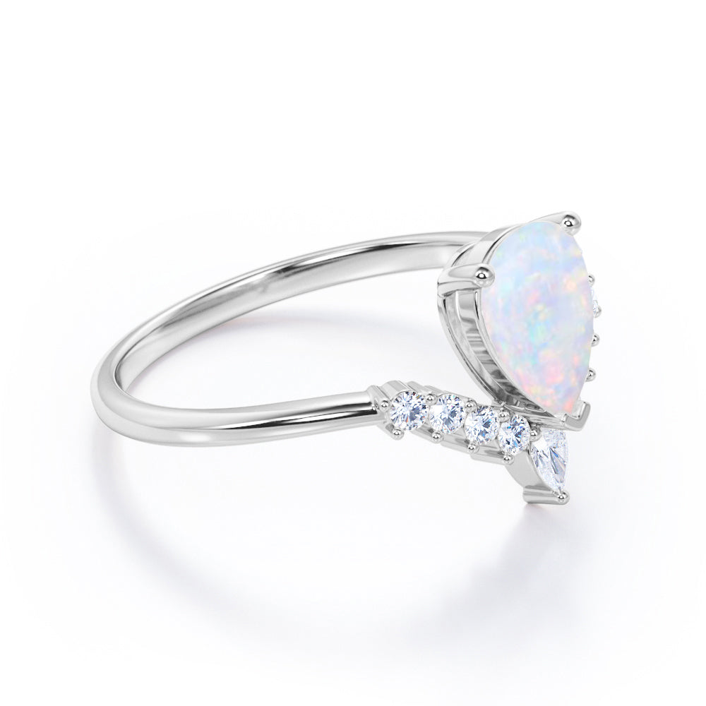 Modern 1.25 Carat Pear Cut White Opal And Diamond V Shaped Style Engagement Ring For Women In White Gold