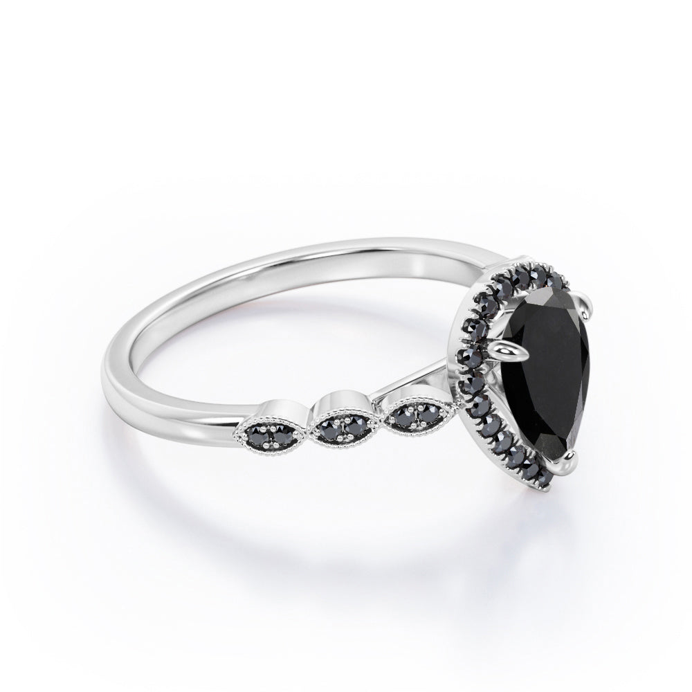 Art-Deco Filigree Milgrain 1.4 TCW Pear Cut Lab Created Black Diamond Halo Design Engagement Ring in White Gold