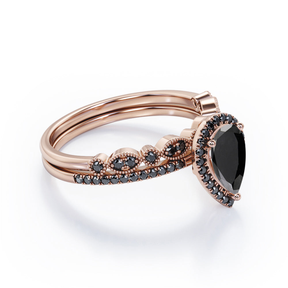 Art-Deco Milgrain Filigree 1.65 TCW Teardrop Lab Created Black Diamond Pave Wedding Ring Set in White Gold