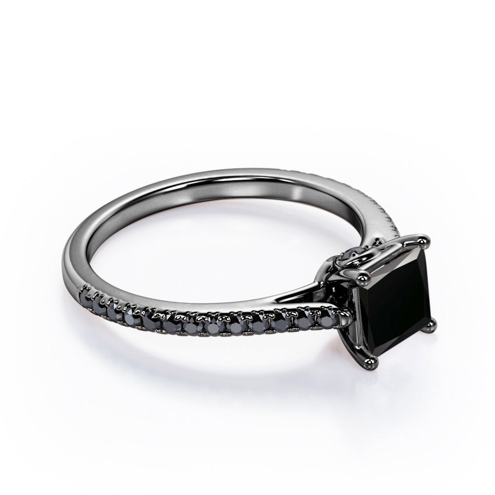 1.25 TCW Princess Cut Lab Created Black Diamond - Pave Setting - Prong Engagement Ring in White Gold