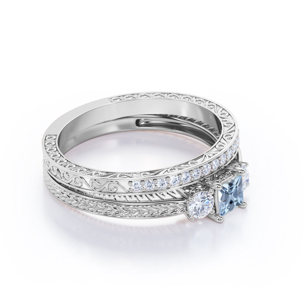 1.15 Carat Princess Cut Aquamarine And Diamond Three Stone Wedding Ring Set In White Gold