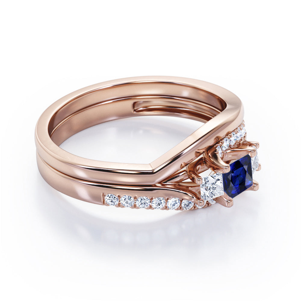 3 Stone Shared Prong - 1 TCW Princess Cut Blue Sapphire and Moissanite - Pave Curved Shank Wedding Set - Rose Gold