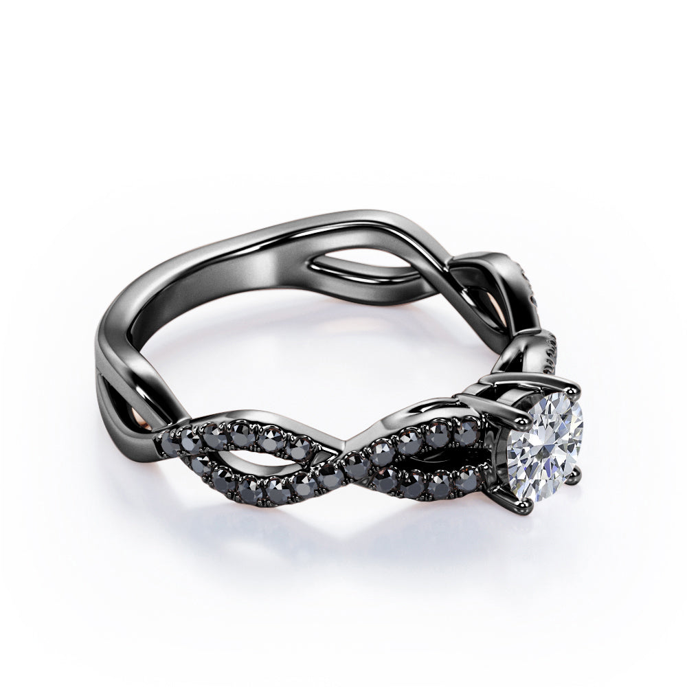 Twisted Pave Setting 1.65 TCW Round Brilliant Cut Moissanite with Lab Created Black Diamond 4-Prong Engagement Ring in White Gold