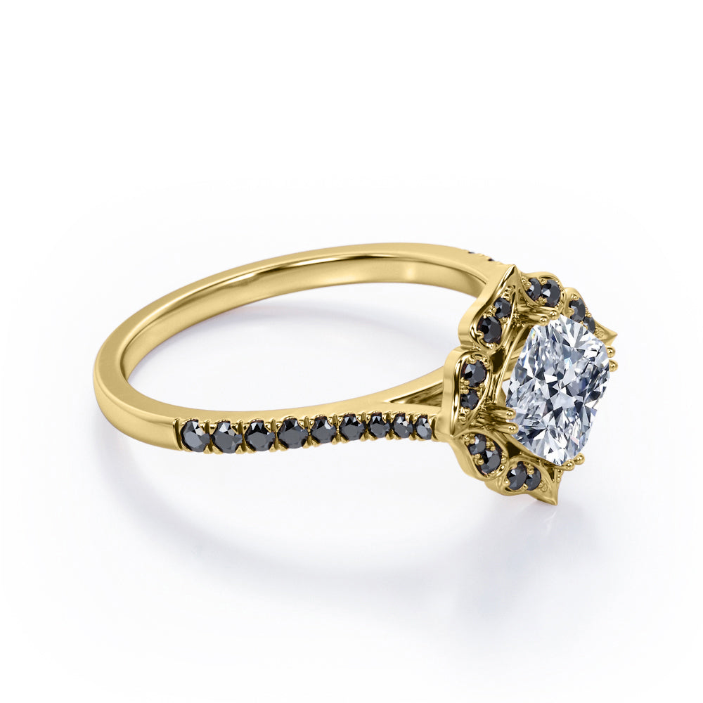 Vintage Filigree Cluster 1.5 TCW Cushion Cut Moissanite with Lab Created Black Diamond Engagement Ring with Pave Accents in Yellow Gold