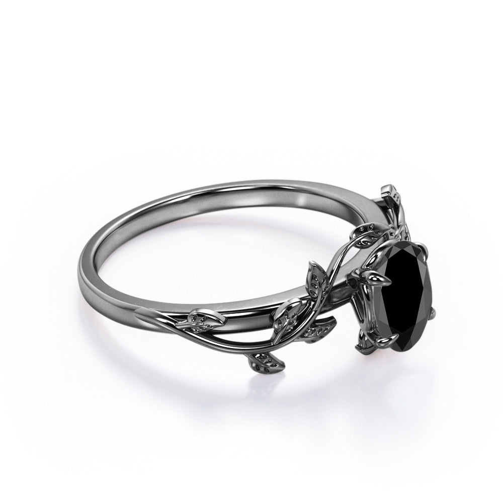 1 carat oval cut Black diamond leaf style engagement ring in white gold