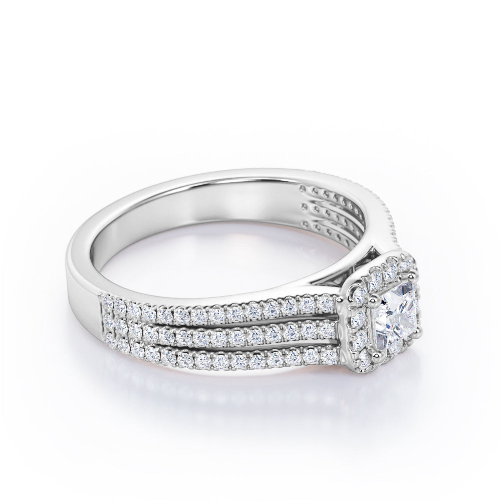 Triple Split-Shanked Pave - 0.55 TCW Princess Cut Diamond - Halo Engagement Ring - 10K White Gold