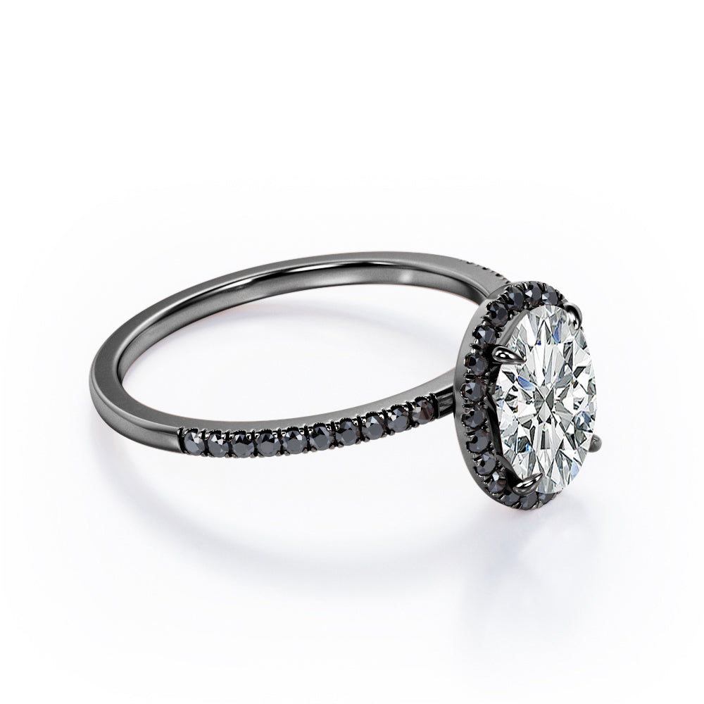 North-South Halo - 1.5 TCW Oval Shape Moissanite with Lab Created Black Diamond - Pave Design Engagement Ring in Rose Gold