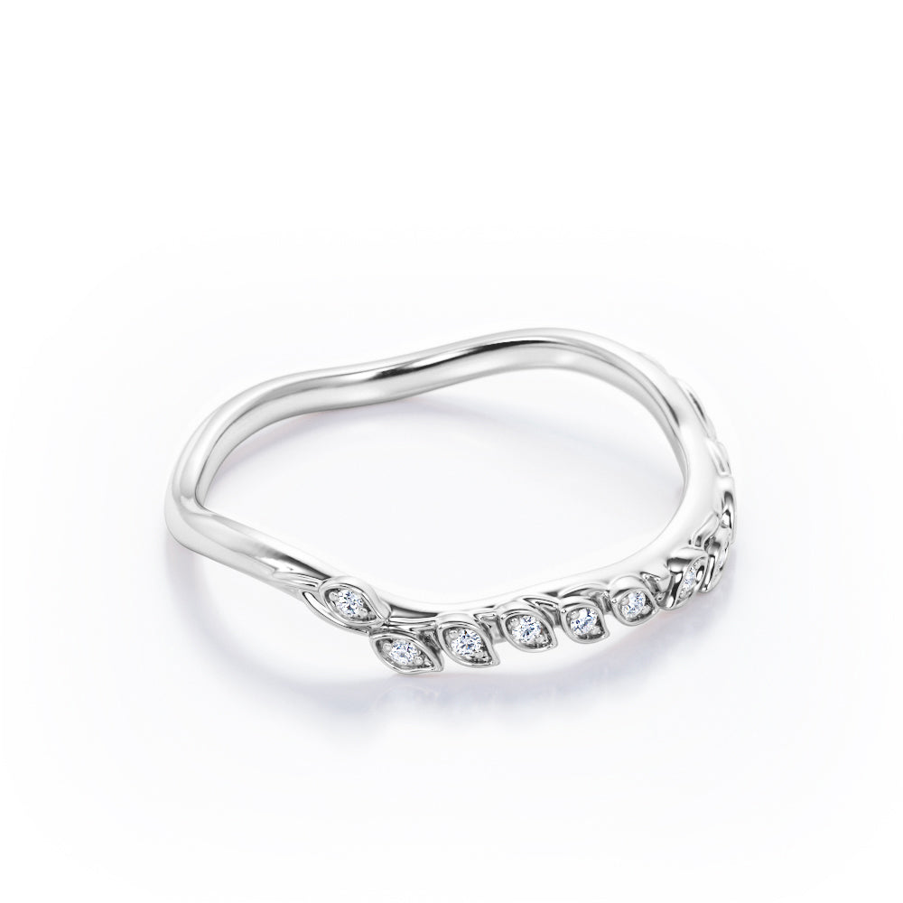 Nature Inspired - 0.15 TCW Round Shaped Diamond - Wiggle Shank Wedding Band in White Gold