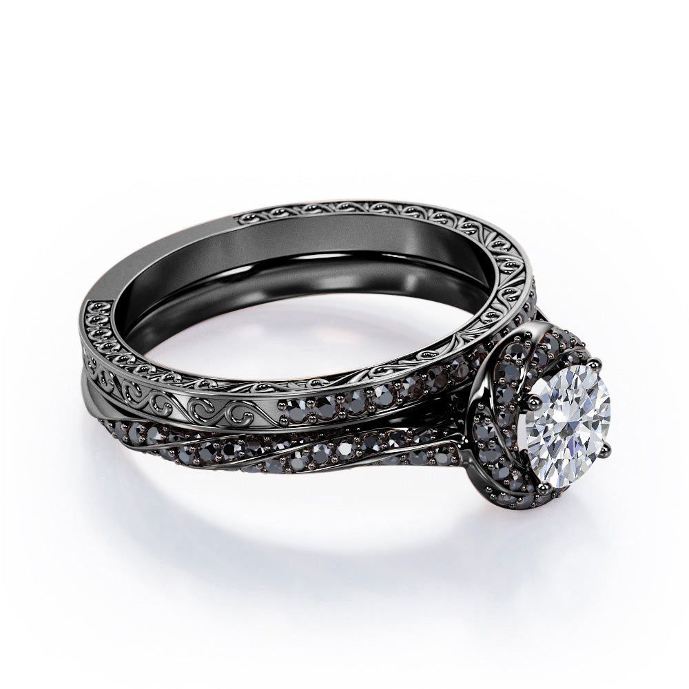 Art Deco Twisted Halo 0.75 TCW Round Shape Diamond with Lab Created Black Diamond Twirl Pave Bridal Ring Set in 10K White Gold