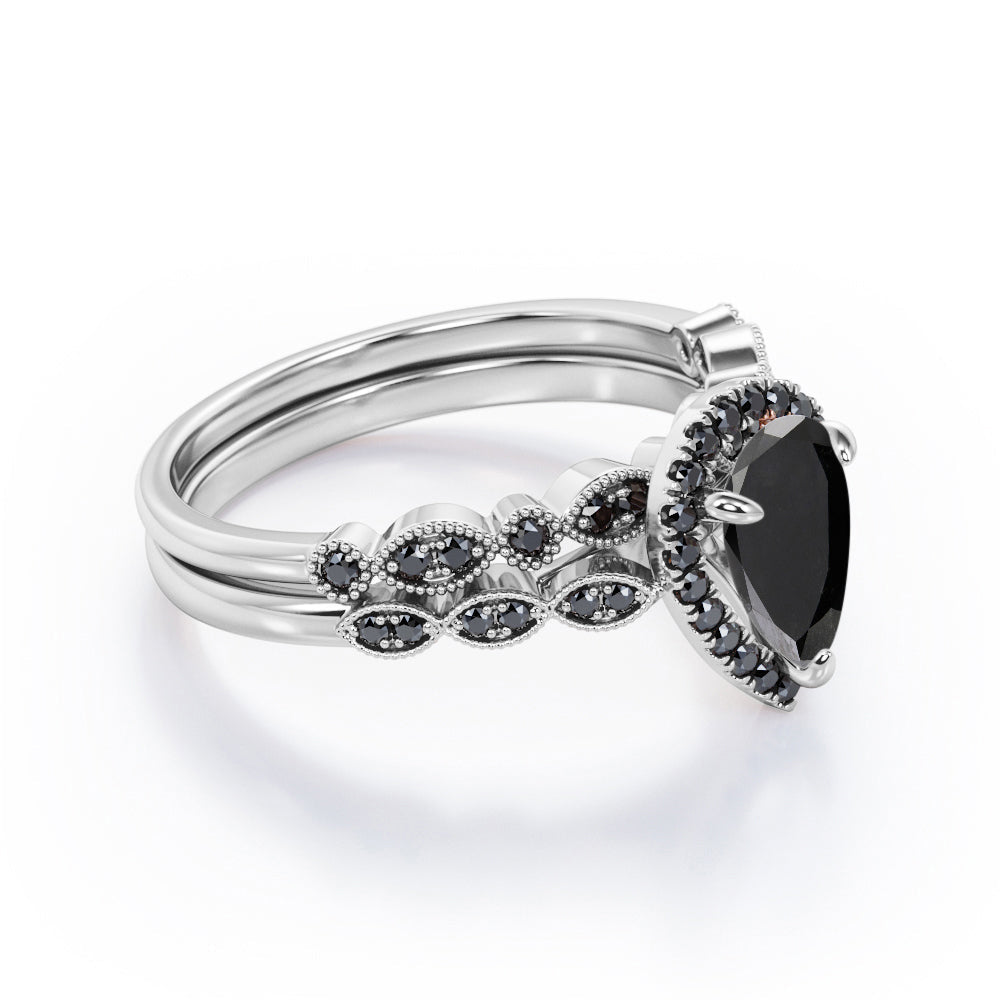 Vintage Style - 1.65 TCW Teardrop Lab Created Black Diamond - Milgrain Halo Bridal Set in White Gold