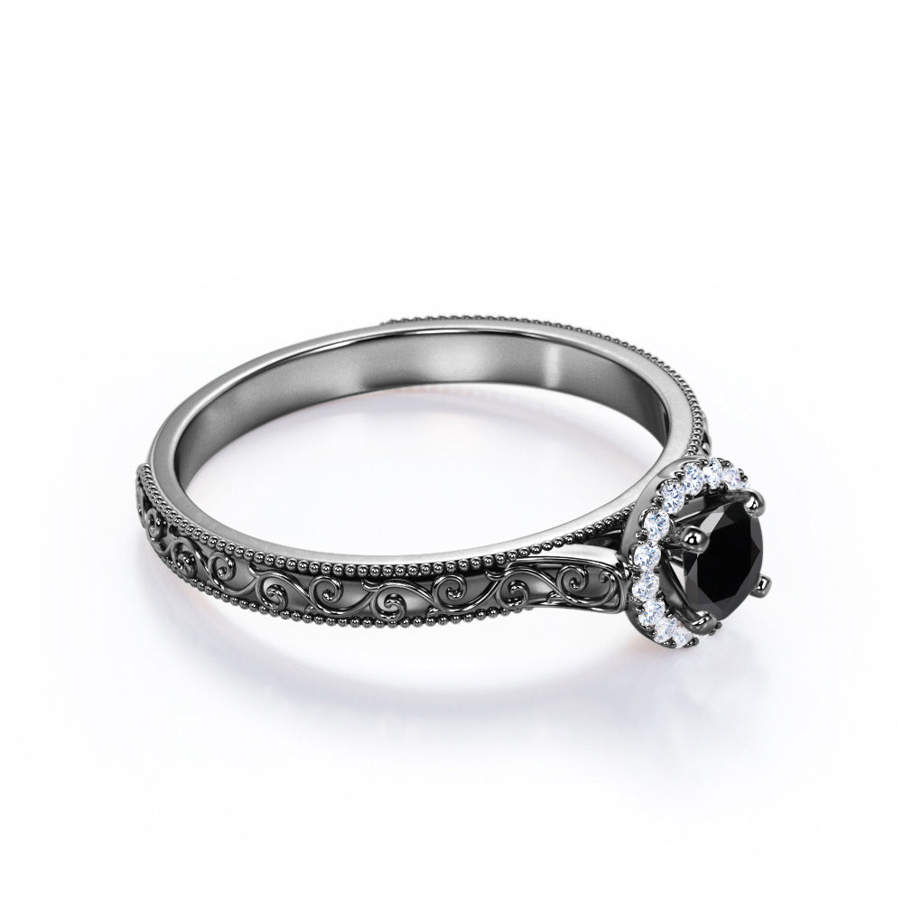 1.15 Carat Round Cut Lab Grown Black Diamond Antique Art Deco Engagement Ring In White Gold