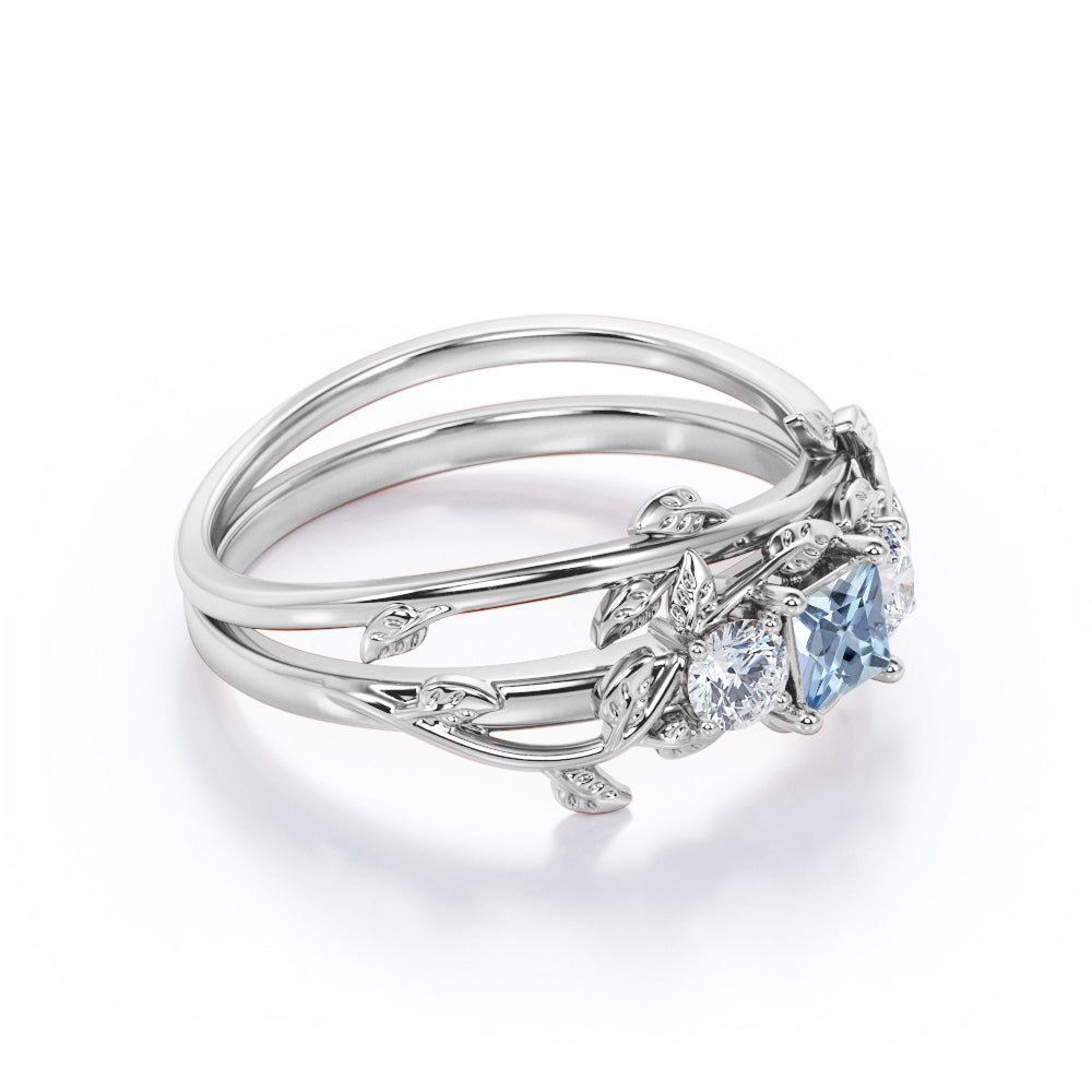 1 Carat Princess Cut Aquamarine And Diamond Leaf And Vine Wedding Ring Set In White Gold