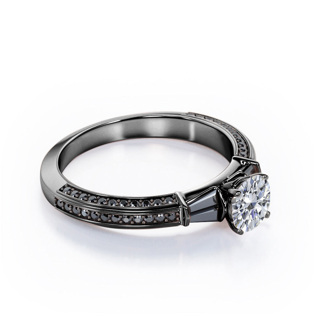 Triple Pave Channel - 0.6 TCW Round Shaped Diamond with Lab Created Black Diamond - 5 Stone Engagement Ring - 10K White Gold