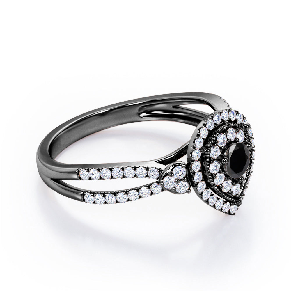 Pear-Shaped Double Halo - 1.7 Carat Round Cut Black Diamond - Pave Split Shank Engagement Ring in White Gold