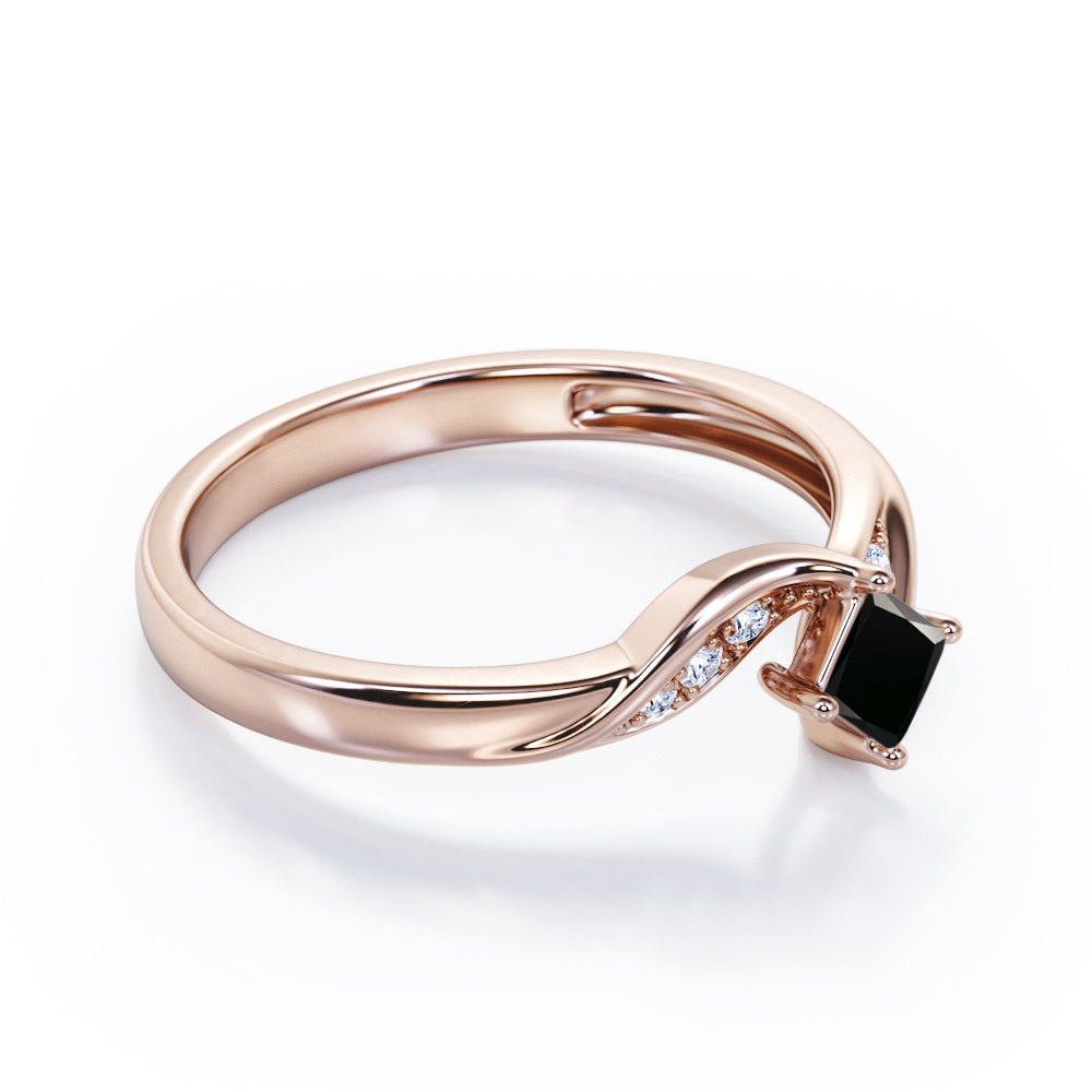 Twisted 7 Stone Ring - 0.55 carat Princess Black Diamond Elegant Engagement Ring in Rose Gold