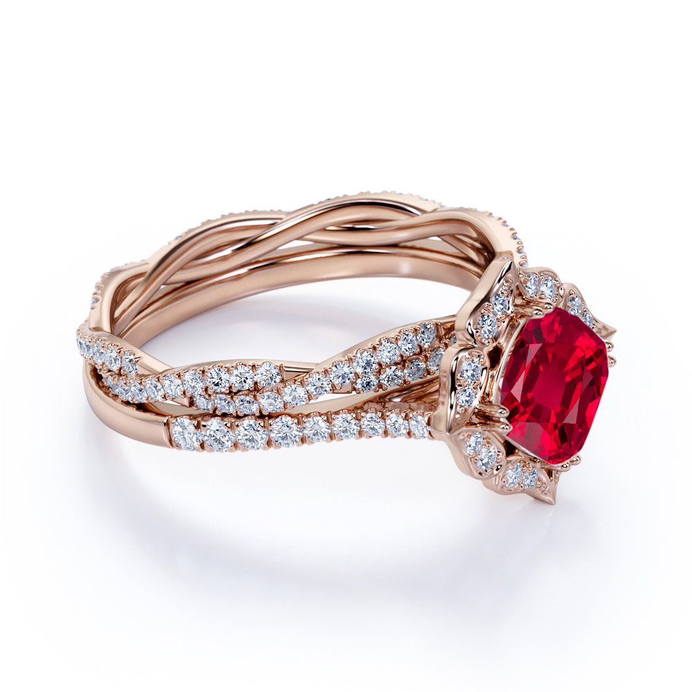 Sparkling Pave Halo 1.50 Carat Cushion Cut Lab-Created Ruby and Diamond Bridal Set with Infinity Band in White Gold