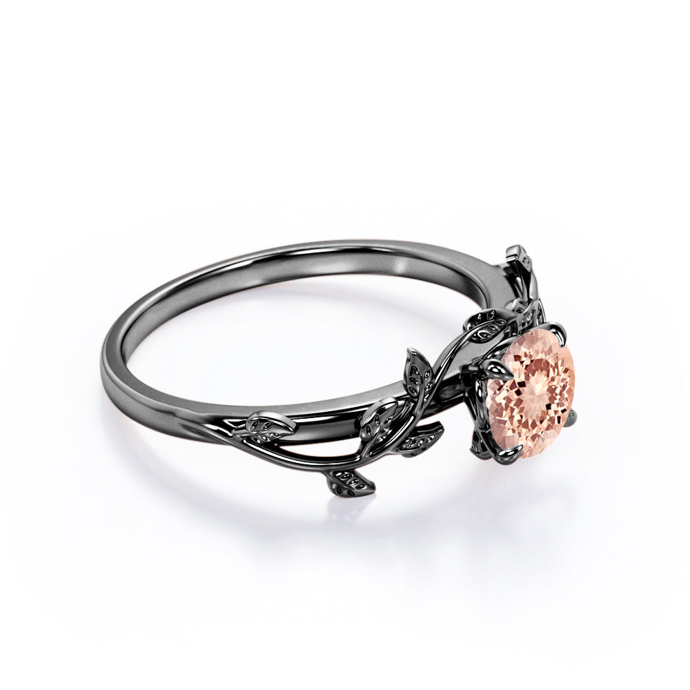 0.50 Carat Round Lab Created Morganite - Leafy Design - Solitaire Engagement Ring - 18K White Gold Plating over Silver