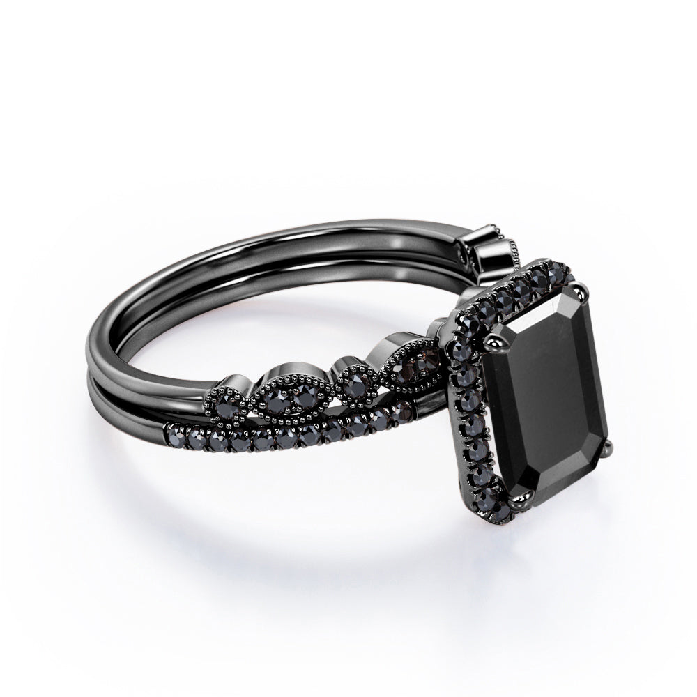 Art Deco Filigree Milgrain 1.65 TCW Emerald Cut Lab Created Black Diamond Halo-Style Wedding Set in White Gold