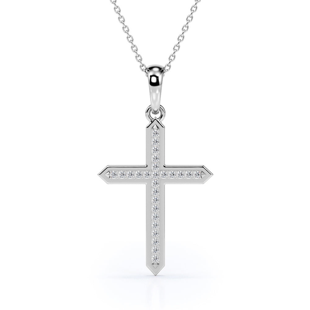 Blade 0.25 TCW Round Moissanite Pave Accented Cross Pendant Necklace in 18K White Gold Plating over Silver