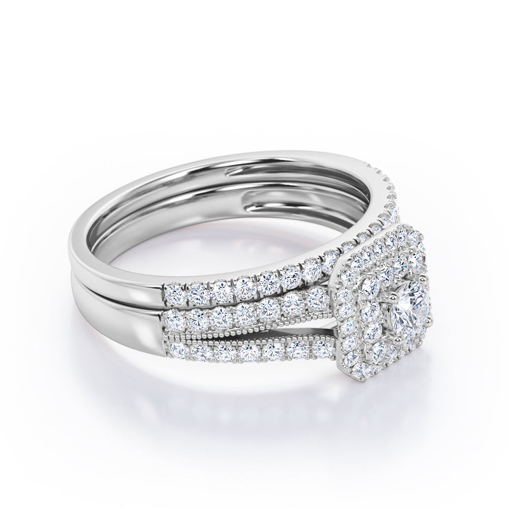 0.65 TCW Round Cut Diamond - Octagon Double Halo - Milgrain Edged Pave Split Shank Wedding Ring Set - 10K White Gold