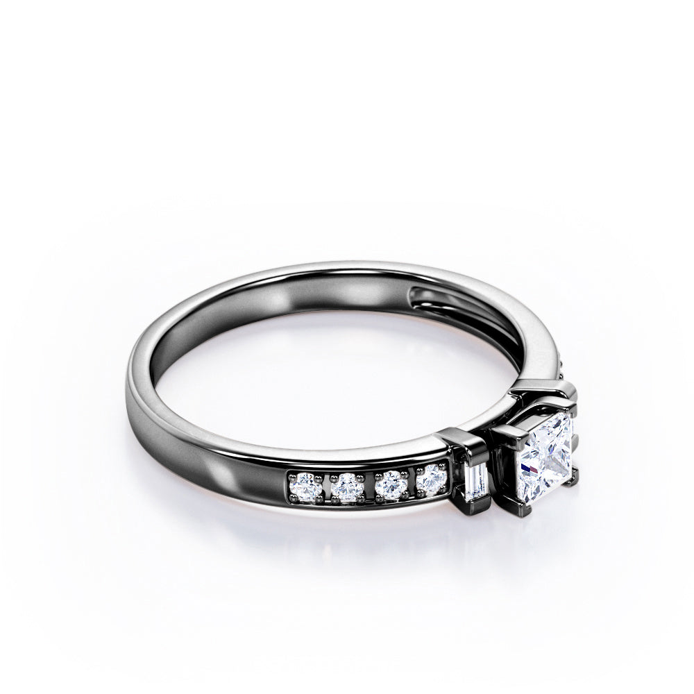 V-Prong 3 Stone 0.35 TCW Princess Cut Diamond Pave-Channel Engagement Ring in White Gold