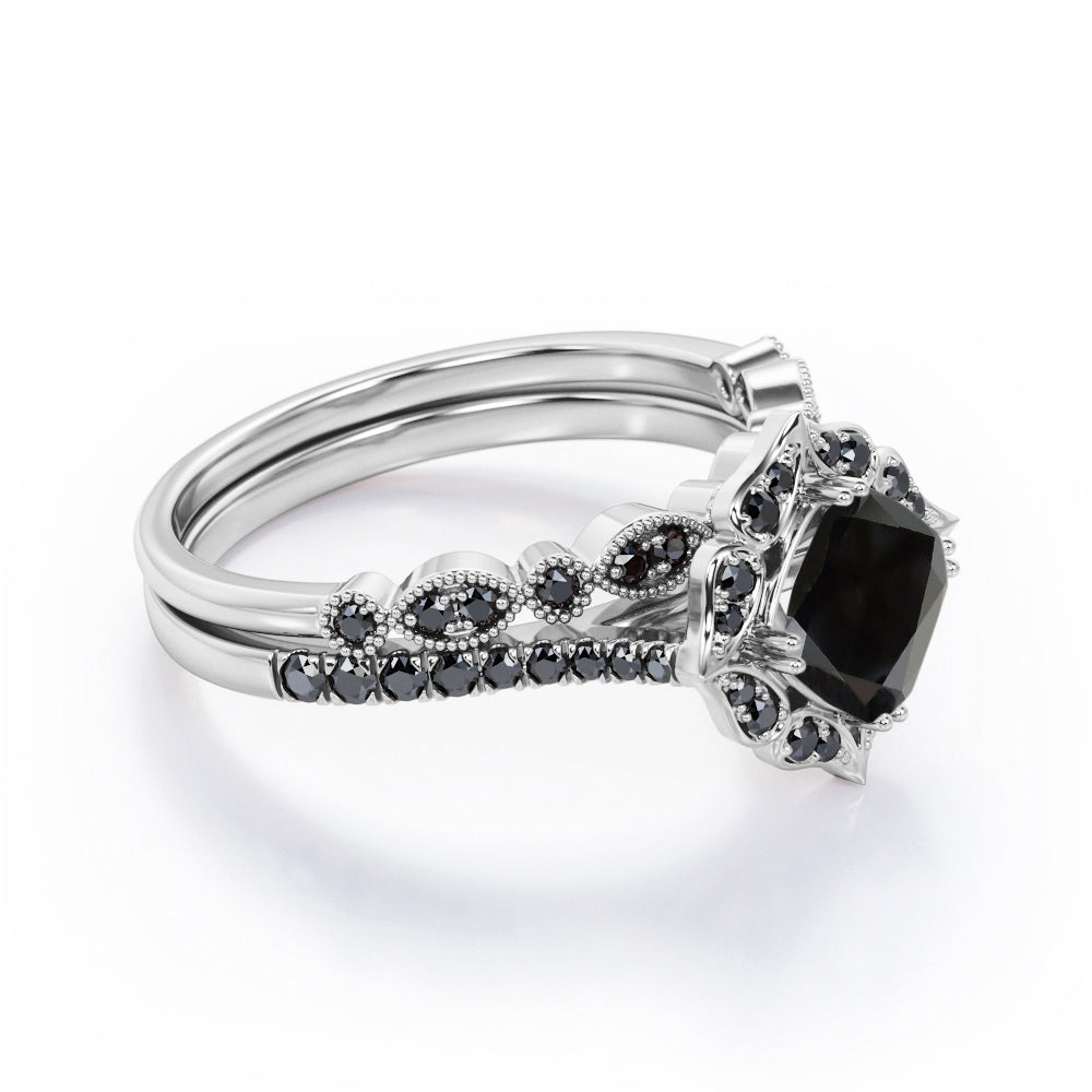 Vintage Filigree Halo - 1.65 TCW Cushion Cut Lab Created Black Diamond - Pave Accented Bridal Ring Set in White Gold