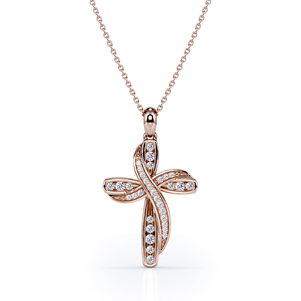 2-Layered 0.2 TCW Round Cut Moissanite Pave-Channel Cross Pendant Necklace in 18K White Gold Plating over Silver