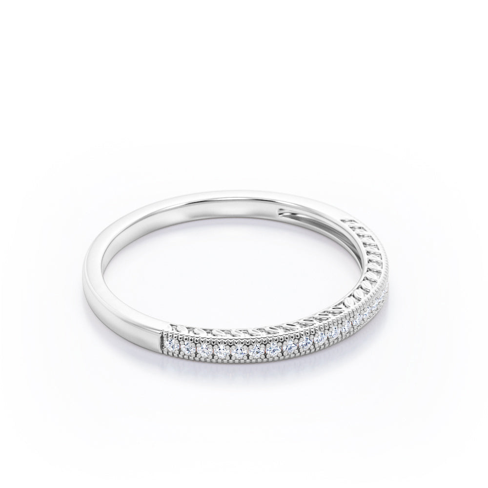 Leafy Filigree 0.15 TCW Round Cut Diamond Milgrain Pave-Channel Wedding Band in White Gold