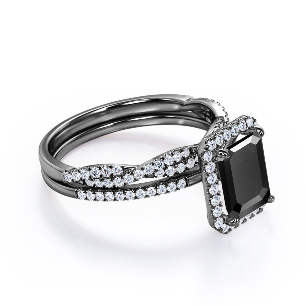 1.50 carat emerald cut Black Diamond halo wedding ring set in white gold