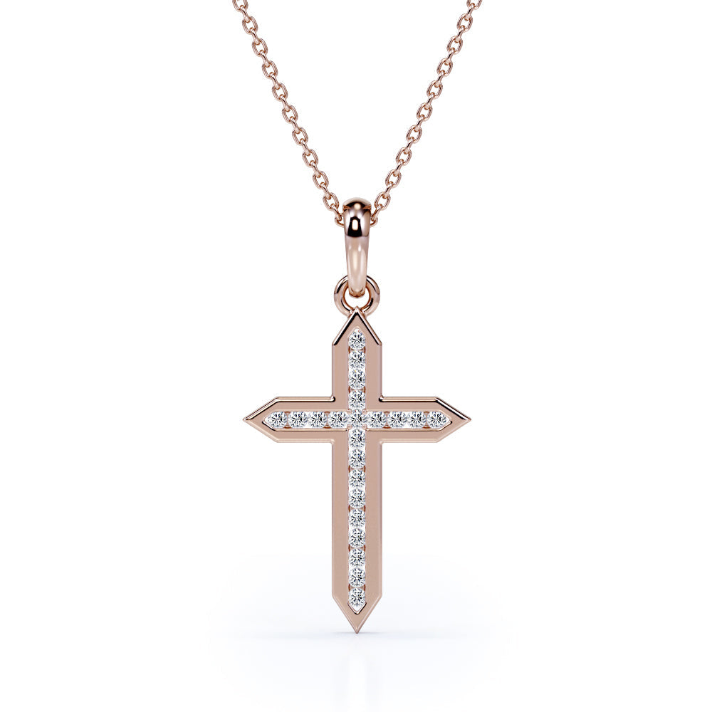 Sword 0.25 TCW Round Shape Moissanite Channel Crucifix Pendant Necklace in 18K White Gold Plating over Silver