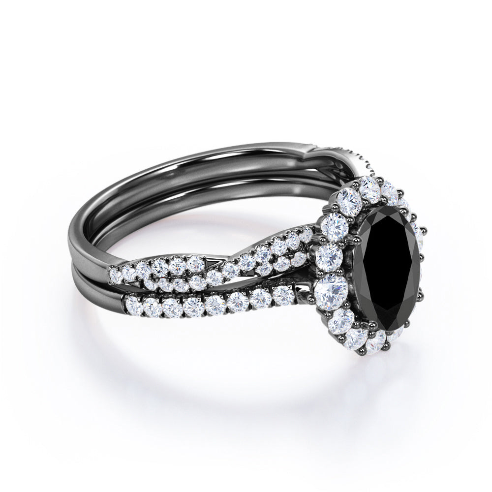 2 carat oval cut Black Diamond halo bridal set in white gold