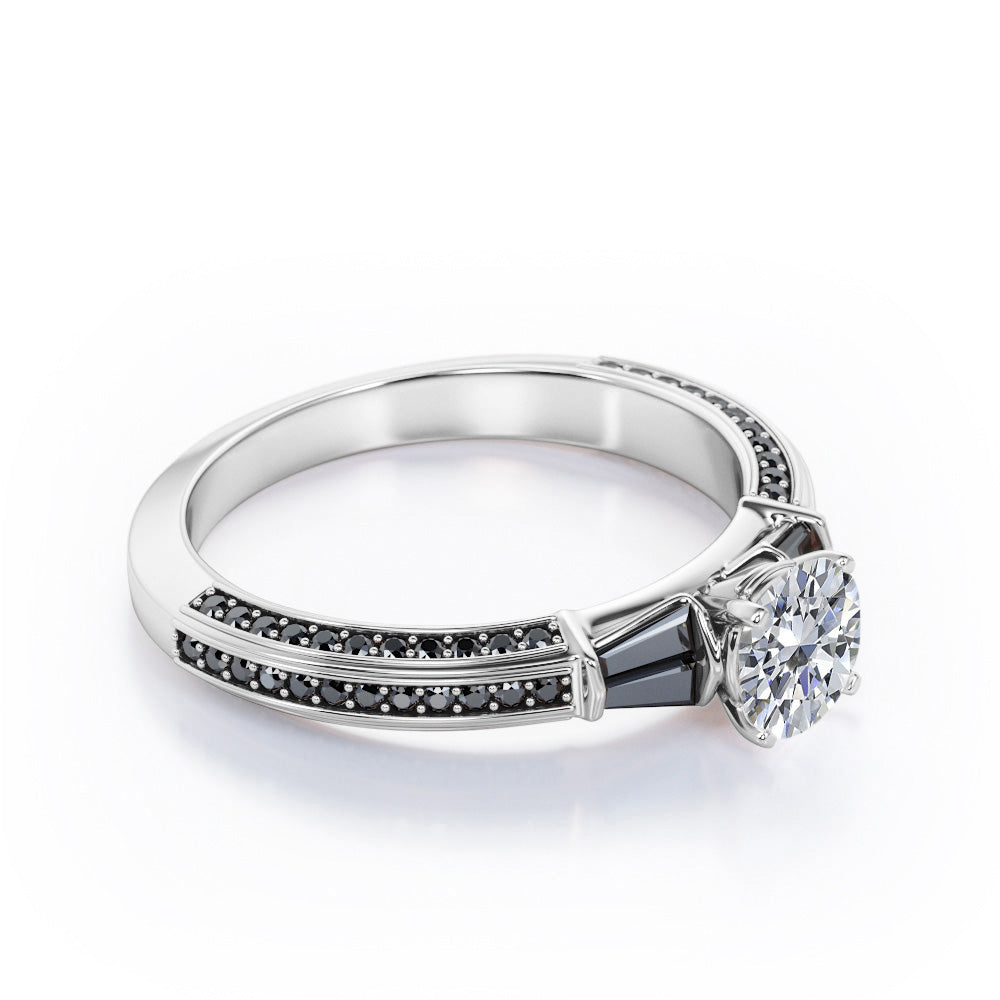 Triple Pave Channel - 0.6 TCW Round Shaped Diamond with Lab Created Black Diamond - 5 Stone Engagement Ring - 10K White Gold