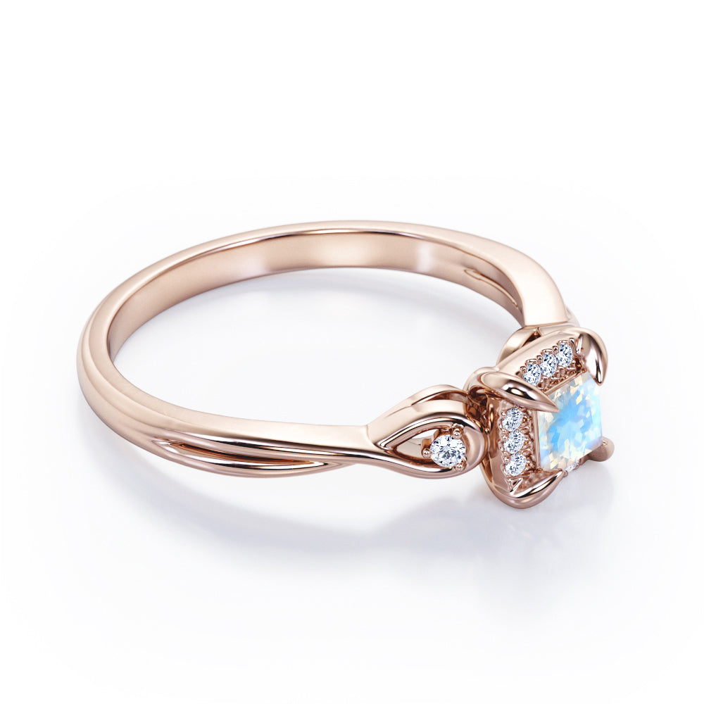 Prong and Halo 0.6 carat Princess Moonstone and Moissanite Twisted Shank Engagement Ring in White Gold