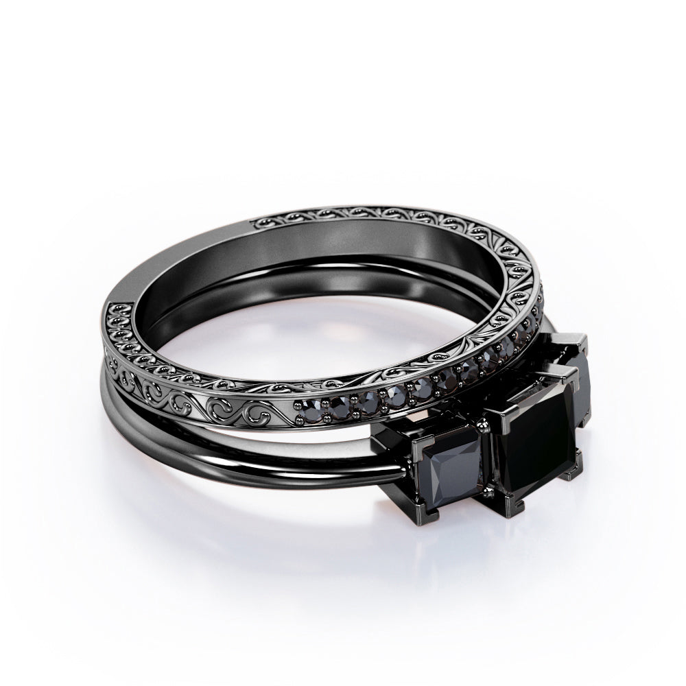 Triple Stone Square V-Prong 1.45 TCW Princess Cut Lab Created Black Diamond Filigree Wedding Set in White Gold