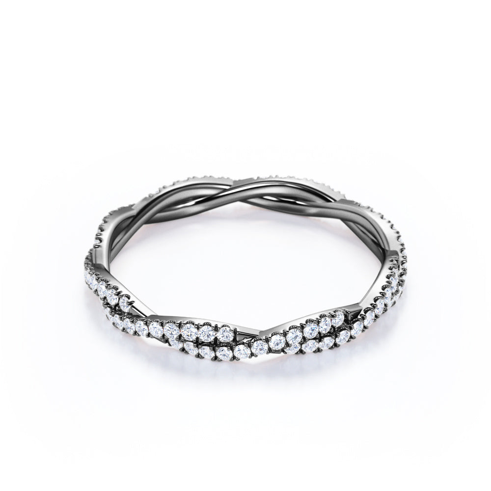 Pave Design - 0.5 Carat Cubic Zirconia Round Shape - Twisted Eternity Wedding Band - 18K White Gold Plating over Silver