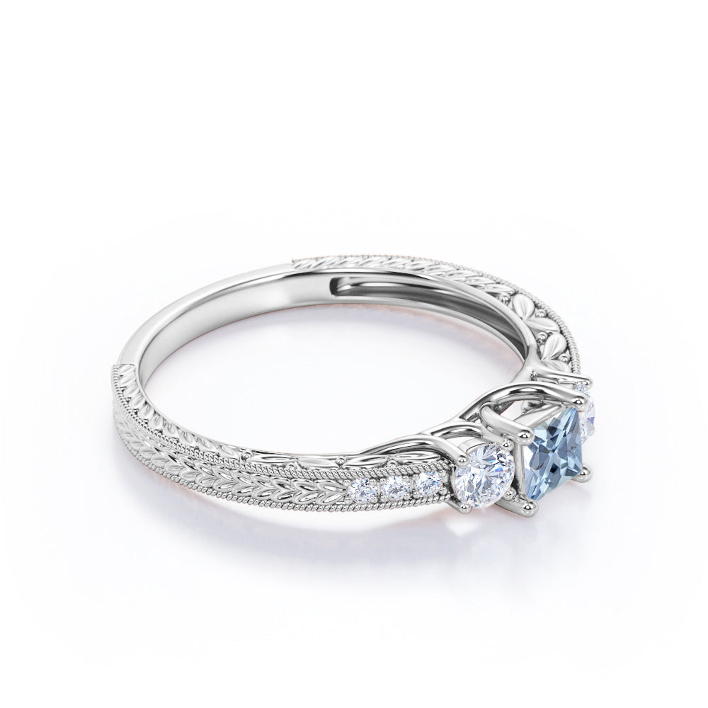 1.20 Carat Princess Cut Aquamarine And Diamond Art Deco Engagement Ring In White Gold