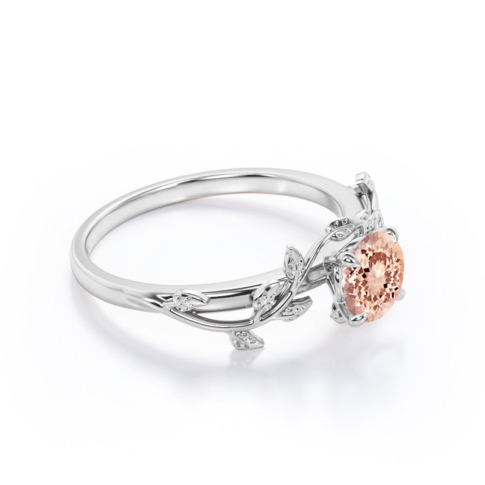 0.50 Carat Round Lab Created Morganite - Leafy Design - Solitaire Engagement Ring - 18K White Gold Plating over Silver