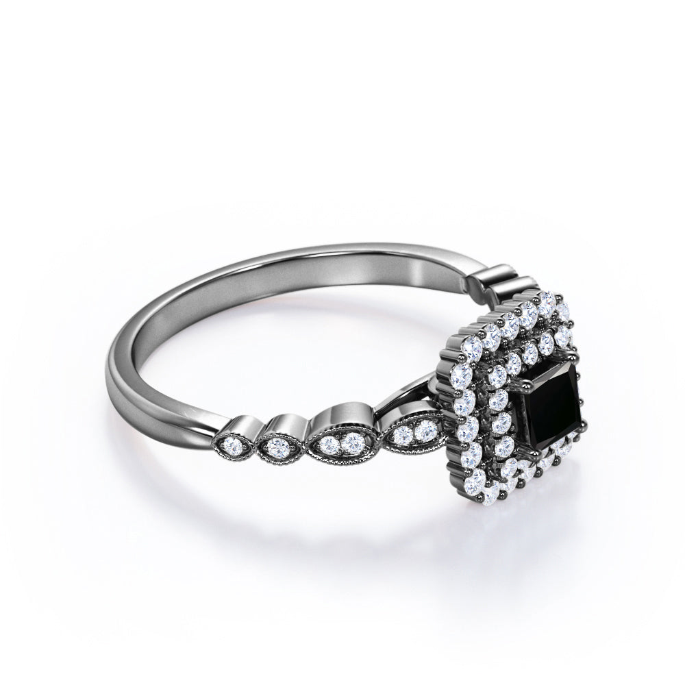 1.5 Carat Princess Cut Lab Grown Black Diamond Double Halo Cluster Engagement Ring In White Gold