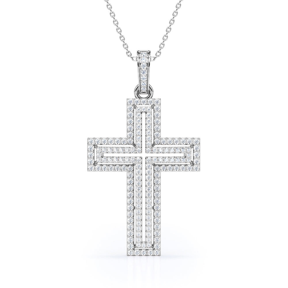 2-Layered 0.2 TCW Round Shape Moissanite Pave Cross Outline Pendant Necklace in 18K White Gold Plating over Silver