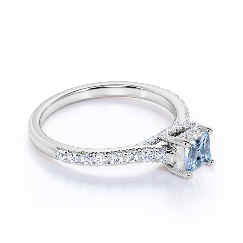 1.25 carat Princess Cut Light Blue Created Aquamarine Accent Art Deco Anniversary Ring in 18k White Gold over Silver