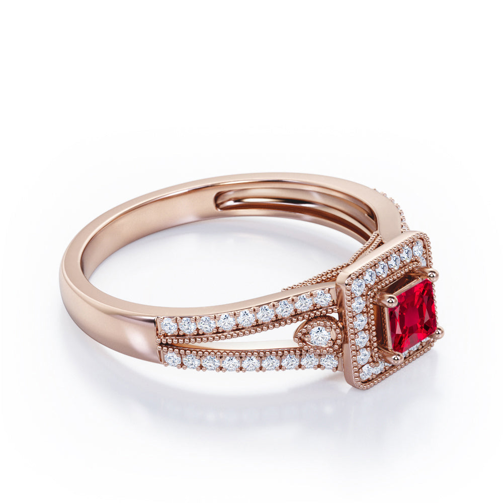 Split-Shanked Pave 1.55 Carat Princess Cut Ruby Milgrain-Bordered Halo Engagement Ring in White Gold