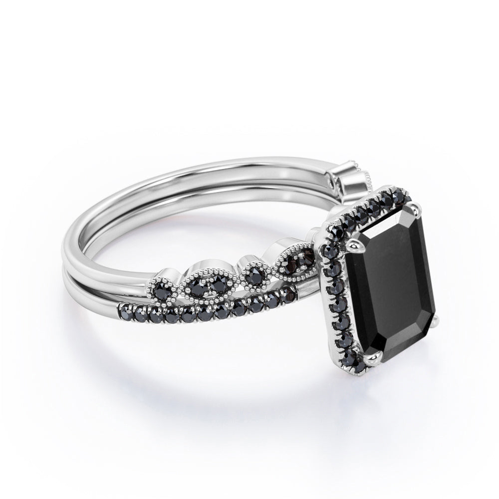 Art Deco Filigree Milgrain 1.65 TCW Emerald Cut Lab Created Black Diamond Halo-Style Wedding Set in White Gold