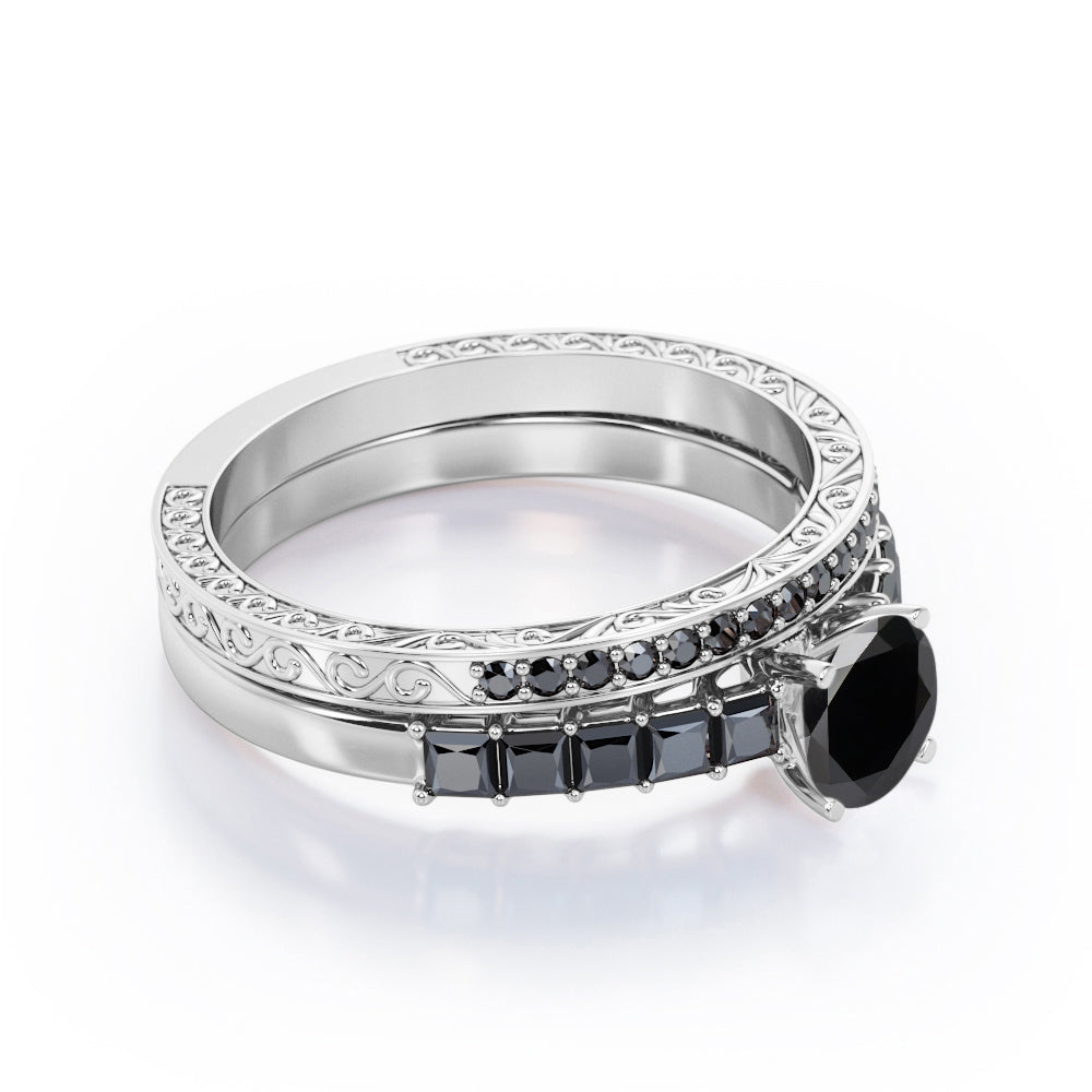 Art Deco Milgrain-Bezel 1.55 TCW Round Shaped Lab Created Black Diamond Shared-Prong Wedding Ring Set in White Gold