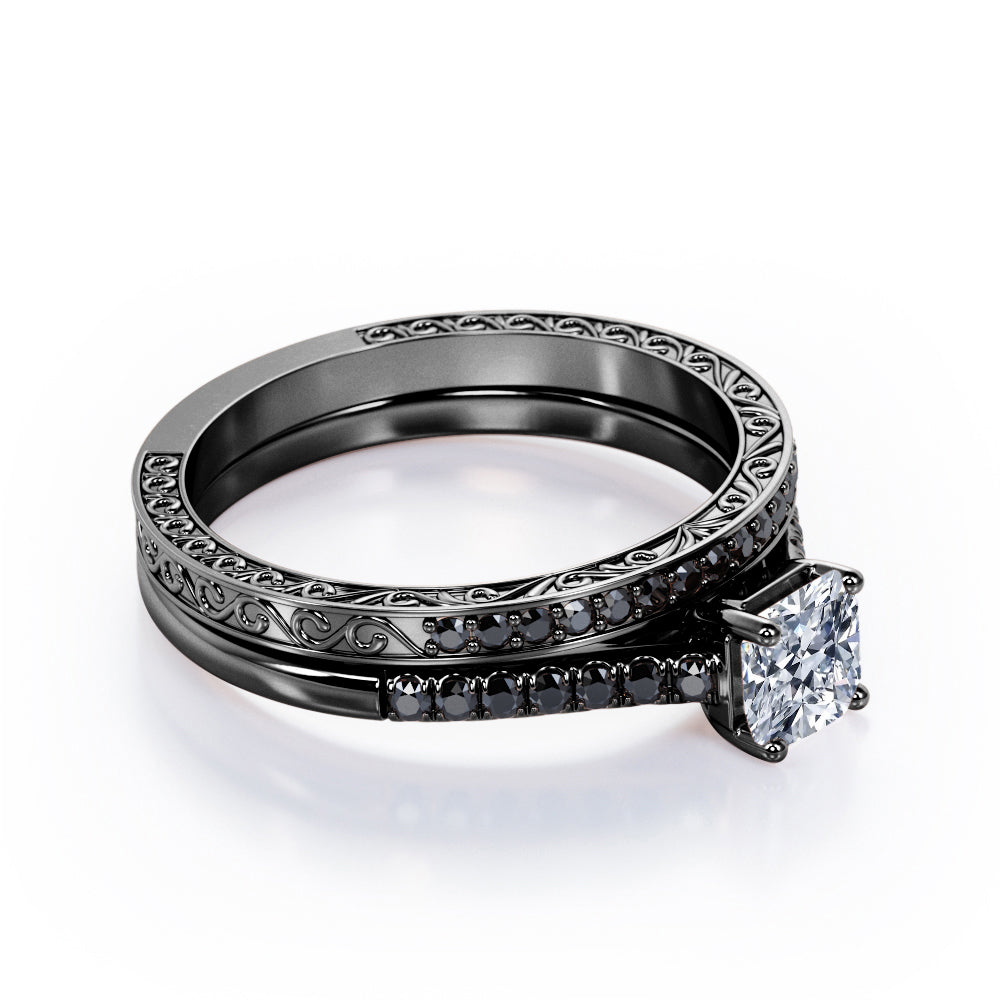 Lattice 0.5 TCW Princess Cut Diamond with Lab Created Black Diamond 4-Prong Pave Bridal Set in 10K White Gold